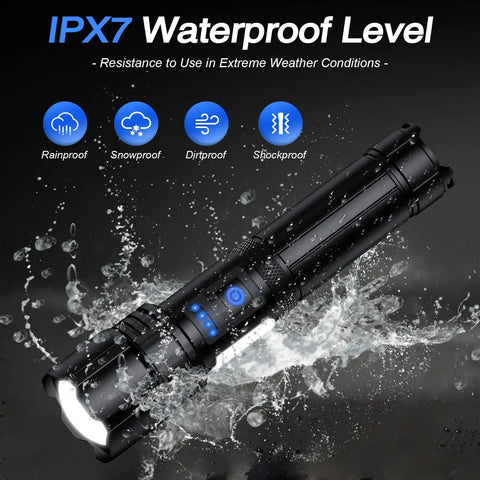 Black Rechargeable 99,000 Lumen LED Flashlight Pack, IPX7 waterproof, showing water-resistant feature on a black background.