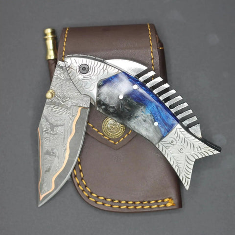 Fish Style Folding Knife With Ladder Pattern Damascus Blade And Blue Resin Handle, Brass Engraved EDC Knife, on leather sheath