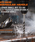 Front view of a cordless drill with a carbide masonry drill bit, 10-piece set, sizes 1/8 to 1/2 inch.