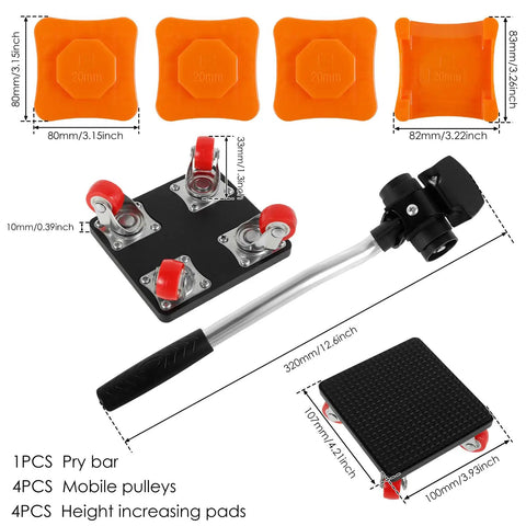 4 Pcs Heavy Duty Furniture Dollies With 360 Degree Spin Wheels And Carbon Steel Build For Easy Moving, included pry bar and mobile pulleys.