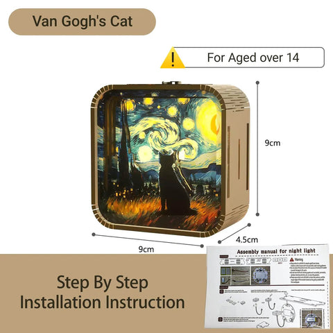3D Wooden Puzzle Night Light For Adults And Teens, Dope DIY Craft Kit With Touch Light, Van Gogh Cat Design dimensions and instructions