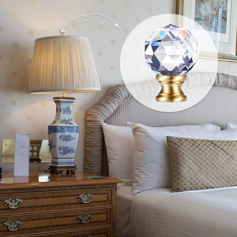 Crystal Lamp Finials 2 Pack Diamond Textured Glass Knobs With Clear Top Caps Polished Chrome Base And 1-3/4 Inch Shade Screws Gold Base Accent For A Slick Modern Table Lamp Upgrade displayed on a bedroom lamp
