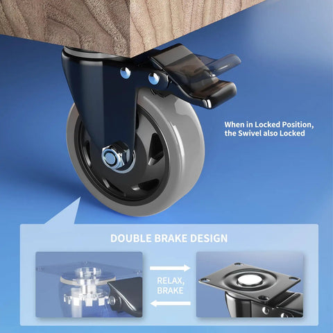 Beefy Built Tough 5 Inch Caster Wheels With Brakes showing double brake design and locking position for carts and furniture