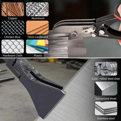 Pro Grade HVAC Sheet Metal Tools Set With 10.5 Inch 5-Blade Crimping Tool And 3-Piece Hand Seamers in use on various materials.
