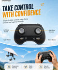 Hands using remote for Remote Control Paper Airplane Kit With Gyro Stabilizer And Dual Propellers, foldable lightweight glider.