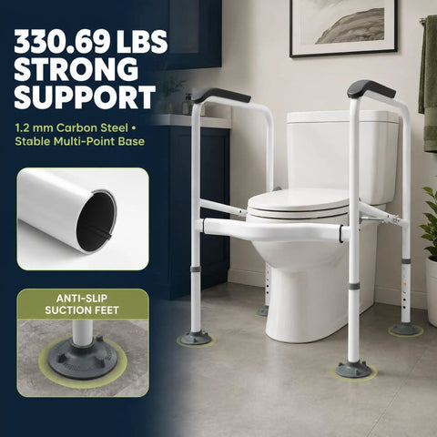 Rock Solid Toilet Safety Rail For Seniors With Heavy Duty Adjustable Steel Frame And A Darn Sure 330 Pound Capacity For Easy Bathroom Transfers And Dependable Home Support next to toilet with suction feet.