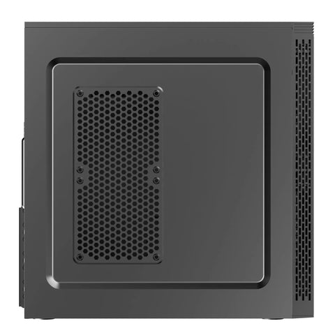 Side view of Black USB 3.0 Steel ATX Mid Tower PC Case with preinstalled fans, compatible with Micro ATX and Mini ITX.