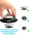 Heavy Duty Bathtub Drain Hair Catcher And Shower Drain Cover For Pop Up And Regular Drains, Rustproof Zinc Alloy With Non Slip Silicone Ring, Easy To Clean, Grips In Place And Lets Water Drain Fast, Greyish White, shown covering various drain types