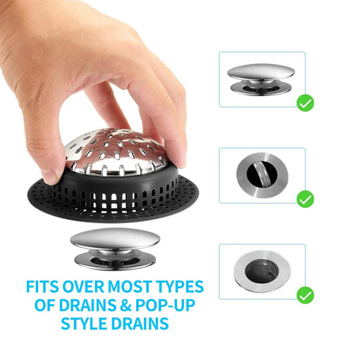 Heavy Duty Bathtub Drain Hair Catcher And Shower Drain Cover For Pop Up And Regular Drains, Rustproof Zinc Alloy With Non Slip Silicone Ring, Easy To Clean, Grips In Place And Lets Water Drain Fast, Greyish White, shown covering various drain types