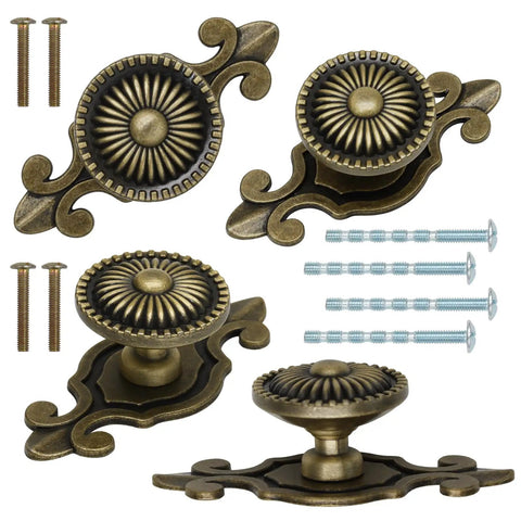 8 Piece Vintage Cabinet Knobs Set In Solid Antique Brass With Backplates mushroom pull handles shown with screws