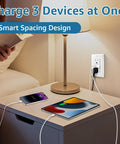 20 Pack White USB Wall Outlet With Dual Type A C Quick Charge Ports 15 Amp Tamper Resistant Faceplate For Bedroom Kitchen No Fuss Plug In Tech Setup, charging three devices.