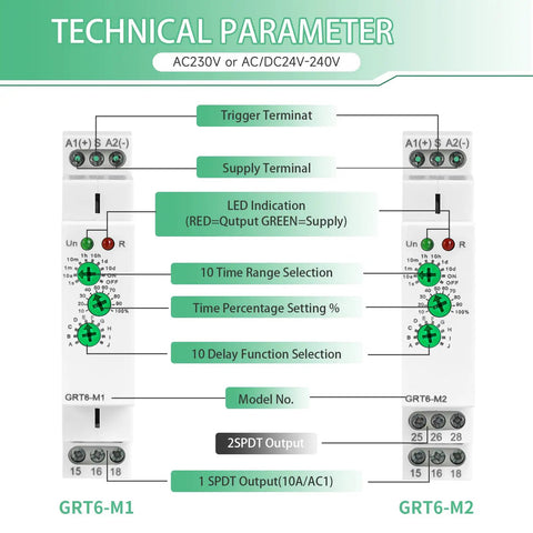 Go-To Programmable Time Relay Delay On Off 10A Industrial Timer diagram with technical parameters and terminal labels