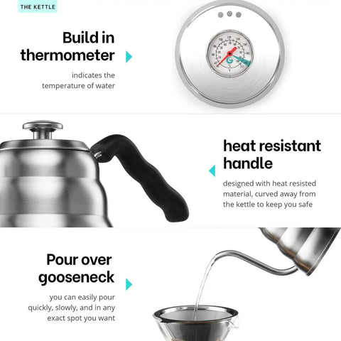 All In One Pour Over Coffee Maker Set With 40 Oz Gooseneck Kettle And Thermometer, 20 Oz Dripper And Built In Coffee Grinder showing features