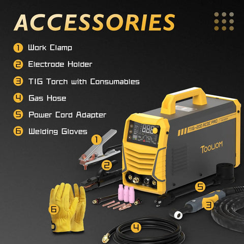 Beast Mode Six In One 200A AC DC TIG Welder With Pulse Dual Voltage 110V 220V IGBT Inverter with accessories displayed