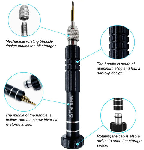 Image of 5 In 1 Eyeglass Repair Kit Screwdriver Set With S2 Steel Bits, featuring compact black handle and precision tips.