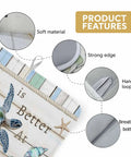 Product features of Blue Starfish Shell Conch Wood Grain Dish Drying Mat For Kitchen Counter Super Fast-Drying Ultra Absorbent Microfiber Drainer Pad Three Layer Sponge Core Reversible Drying Pad 18 by 24 Inches Non Slip, showing soft material, strong edge, hanging loop, and breathable bottom.
