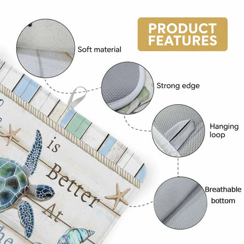 Product features of Blue Starfish Shell Conch Wood Grain Dish Drying Mat For Kitchen Counter Super Fast-Drying Ultra Absorbent Microfiber Drainer Pad Three Layer Sponge Core Reversible Drying Pad 18 by 24 Inches Non Slip, showing soft material, strong edge, hanging loop, and breathable bottom.