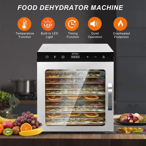 Top Shelf 800W LED Freeze Dryer With 12 Stainless Steel Trays Legit Food Dehydrator Machine showing stainless steel design and assorted fruits.