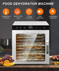 Commercial Grade Freeze Dryer Machine For Home Kitchen Food Preservation Features Slick Stainless Steel Trays showing fruits and snacks.