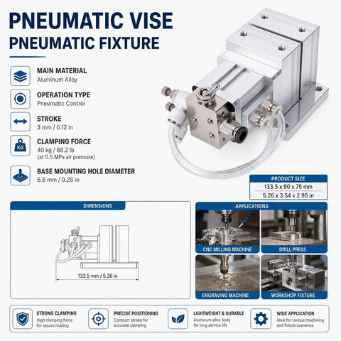 Pneumatic Clamp Workholding Fixture For CNC Machining With Automatic Loadin And Unloadin, 40kg Holding Force At 0.5 MPa, Compact Vise, aluminum alloy
