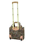 15 Inch Dope Under The Seat Bag With Paisley Polyester Carry On Luggage That Doubles As A Rolling Tote Or Business Case Airline Compatible Durable Build With A 5 Year Warranty In Black Sand Paisley, shown with extended handle.