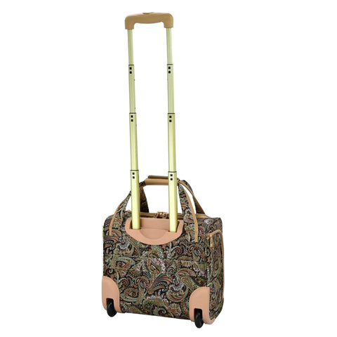 15 Inch Dope Under The Seat Bag With Paisley Polyester Carry On Luggage That Doubles As A Rolling Tote Or Business Case Airline Compatible Durable Build With A 5 Year Warranty In Black Sand Paisley, shown with extended handle.