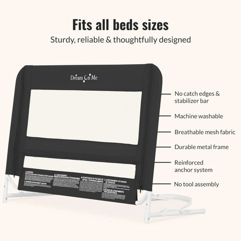 Mesh Bed Guard Rail For Toddlers Aged 2 To 5 Years Fits Twin Through King Beds With Reinforced Anchor System And Two Adjustable Heights In Black featuring breathable mesh and metal frame, labeled features visible.