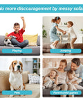 Collage of children playing, jumping, dog on sofa, family laughing; secure furniture with Heavy Duty Hook And Loop Tape Adhesive Roll.
