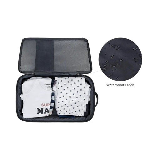 Open Two Pack Waterproof Diaper Bag Organizer Pouches With Hanging Pods showing clothes and waterproof fabric inset.