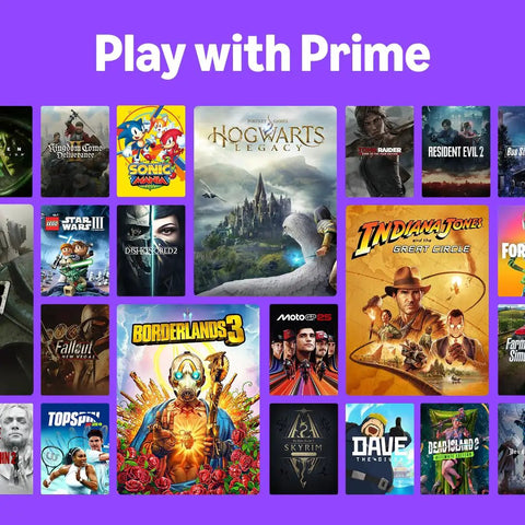 Collage of popular video game covers including Hogwarts Legacy, Borderlands 3, and Indiana Jones under 'Play with Prime' banner.