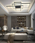 Lit Dimmable LED Ceiling Light With Remote Black Square Flush Mount Fixture in modern living room setting