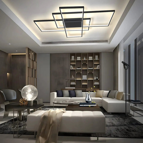 Lit Dimmable LED Ceiling Light With Remote Black Square Flush Mount Fixture in modern living room setting