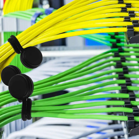 Slick Magnetic Silicone Cable Ties 10 Pack organizing yellow and green cords on a rack for easy access.