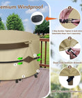 Heavy Duty Waterproof 600D Canvas Round Patio Furniture Cover For All Season Protection Fits Round Tables Up To 48 Inch Diameter And Chairs Durable Outdoor Cover with windproof straps and dual-side drawstrings, shown on patio.
