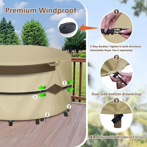 Heavy Duty Waterproof 600D Canvas Round Patio Furniture Cover For All Season Protection Fits Round Tables Up To 48 Inch Diameter And Chairs Durable Outdoor Cover with windproof straps and dual-side drawstrings, shown on patio.