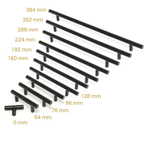 Black Finish Stainless Steel Cabinet Drawer Pull, Modern T Bar Handle sizes on white background