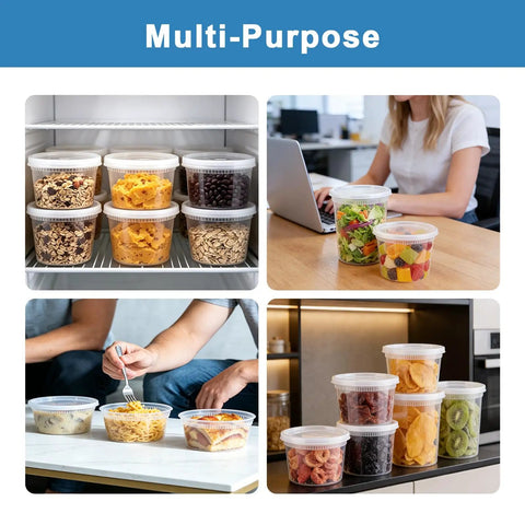 Bulk 60 Pack Deli Containers With Lids 8 16 32 Oz BPA Free Airtight Leakproof Plastic Storage Jars Stackable Takeout Containers For Soup Sauce Leftovers Microwave And Freezer Safe used for storage