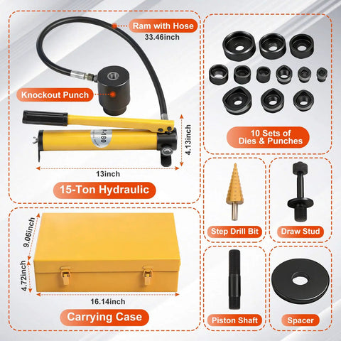 Beefy 15 Ton Hydraulic Knockout Punch Kit With Ten Dies And One Half Inch To Four Inch Conduit Hole Cutter Set, tool components