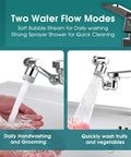 1080 Degree Swivel Faucet Extender Aerator With Universal Splash Filter showing dual water flow modes for kitchen sinks
