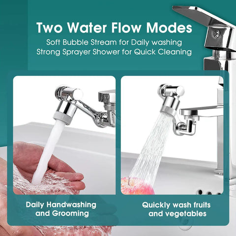 1080 Degree Swivel Faucet Extender Aerator With Universal Splash Filter showing dual water flow modes for kitchen sinks