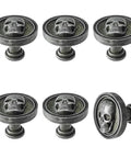 Six Pack Vintage Skull Cabinet Knobs Set With Zinc Alloy Single Hole Drawer Pulls, side view and top details shown.