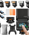IT32 TTL Camera Flash Kit With X5S Trigger for Sony featuring flash units, touchscreen control, accessories, cables, and storage bag