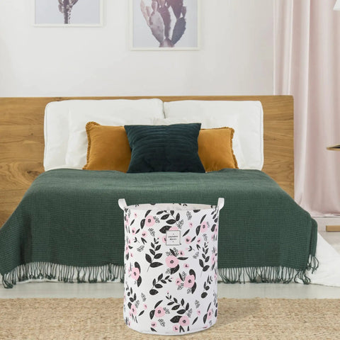 Foldable Laundry Basket Hamper With Handles, Portable Tall Collapsible Canvas Bin With Waterproof Lining in a bedroom setting
