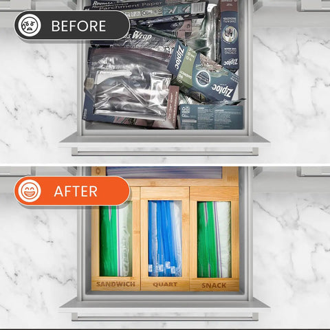 Before and after image of Slick Bamboo Bag Storage Organizer Ace Kitchen Drawer Dispenser Container with Ziplock bags organized.