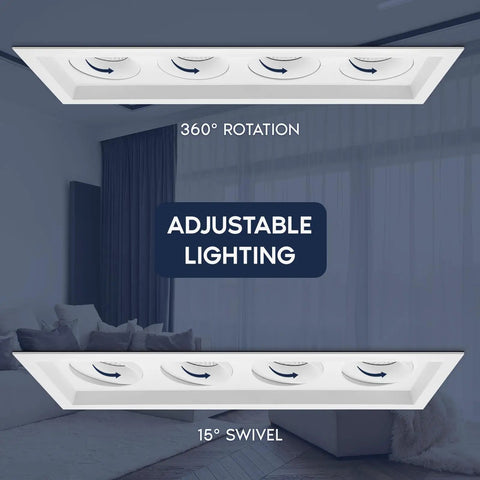 Sleek Quad Head Recessed LED Spotlight With Fully Adjustable 360 Degree Gimbal And 15 Degree Tilt, displaying adjustable lighting features.