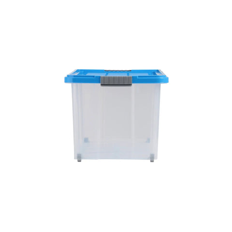 Ready To Roll Plastic Storage Crate With Secure Snap Top Lid For Home Garage Organization Heavy Duty 55 Liter Multi Color Hauling Tote Bin