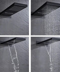 Straight Up Knockout Style Matte Black Rainfall Shower System With Waterfall Body Spray And Thermostatic Mixer Valve Wall Mounted, showing water flow variations.