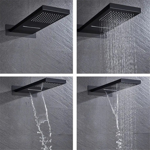 Straight Up Knockout Style Matte Black Rainfall Shower System With Waterfall Body Spray And Thermostatic Mixer Valve Wall Mounted, showing water flow variations.