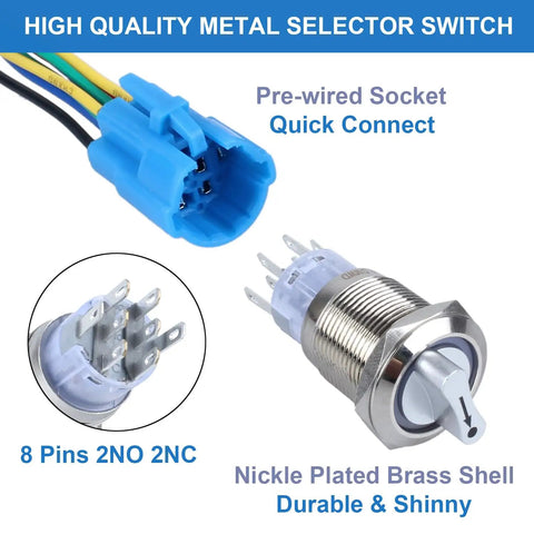 22Mm Latching DPDT Rotary Selector Switch With 3 Positions 2NO 2NC Waterproof Anti Vandal Beefy Metal Housing On Off On shown with socket