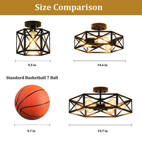 Size comparison of Modern Farmhouse Hexagon Cage Ceiling Light with basketball, showing 9.5, 14.6, and 19.7-inch sizes, matte black finish.
